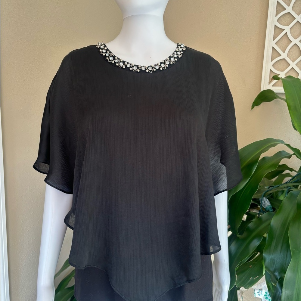 AGB Black Chiffon Blouse with Beaded Neckline